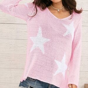 Wooden Ships Pink Cotton Blend Knit Stars Printed Long Sleeve Sweater